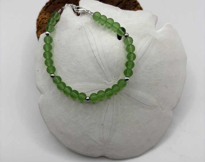 Green Seaglass Bracelet | Green Seaglass | Seaglass Bracelet | 6 mm beads with silver accent beads