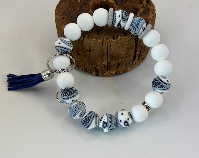 Blue Paisley Printed  Beaded Wristlet Keychain  | Keychain with Silicone  | Keychain | Key Fob | Wristlet | Cruise