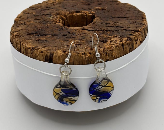 Blue and Yellow  Leaf Drop Earrings |  Murano Inspired Lamp Work  |  Colorful Glass Earrings