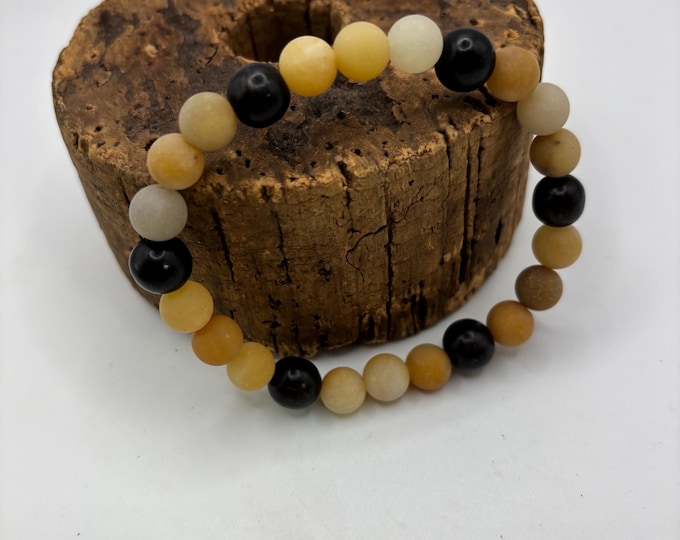 Yellow Jade  Gemstones Beaded Bracelet |  8 inch Stretch bracelet | Ebony Wood accent beads