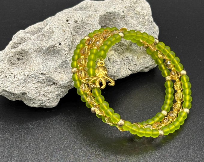 Green Seaglass Bracelet with Charm | Seaglass Jewelry | Olive Green Seaglass |  Seaglass Memory Wire Bracelet | Octopus Charm