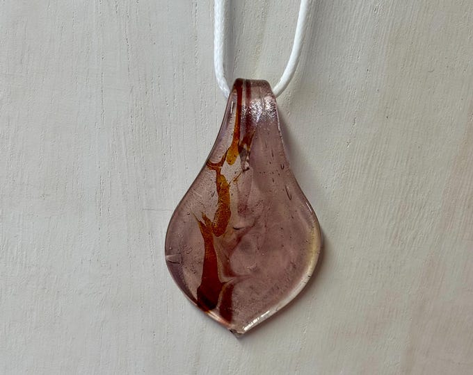 Pink Murano Inspired Pendant Necklace  | Glass Leaf Pendant | Topaz and Silver  Accent | Lampwork Pendant | Necklace With Cord