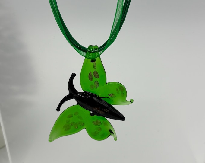 A Murano Inspired Glass Butterfly  | Glass Pendant  Necklace | Lampwork Glass |  Christmas Pendant | Holiday pendant | Green Butterfly