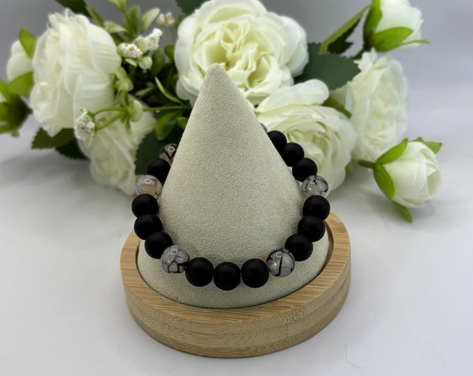 Dragon Vein Agate and Obsidian  Gemstones Beaded Bracelet |  8 inch Stretch bracelet |