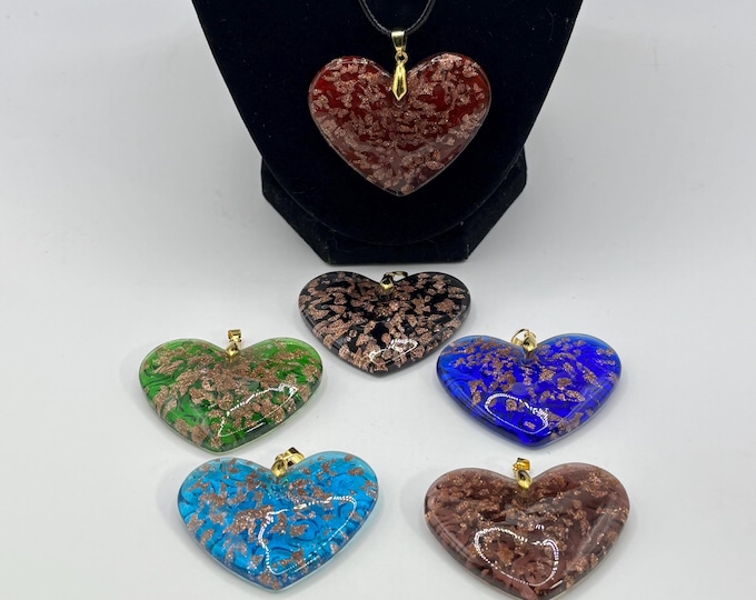 Murano Inspired Foil Heart Pendant Necklace | Large Heart Pendant Necklace | Glass Pendant | Necklace With Cord
