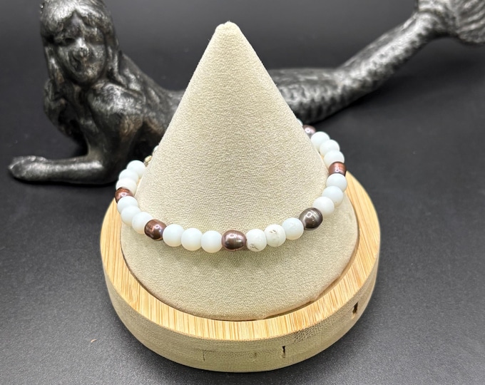 White Seaglass Bracelet | Copper Freshwater Pearls | Red or Black Seaglass Bracelet | 6 mm beads