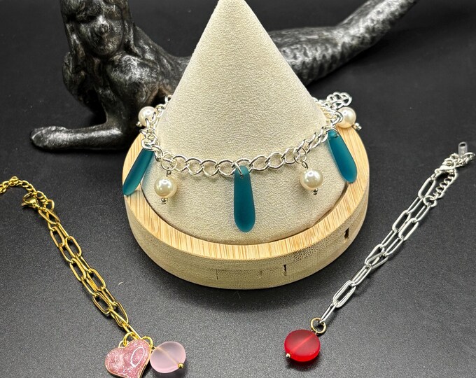 Seaglass Charm Bracelet:   | Seaglass Chain Bracelet | Paper Clip Style with Extender | Pearls