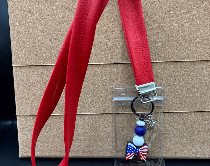 Red Faux Leather Beaded Lanyard | Patriotic Theme |  Beads and Charm | Cruise Lanyard | Badge Sleeve
