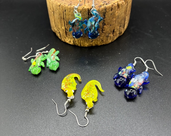 Lampwork Glass Gecko  Earrings |  Millefiori | Murano Inspired Lamp Work  |  Colorful Options Available