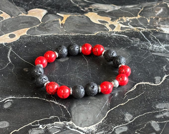 Black Lava  and Red Turquoise | Turquoise bracelet | Gemstone bracelet | Stretch Bracelet | Black Lava Rock