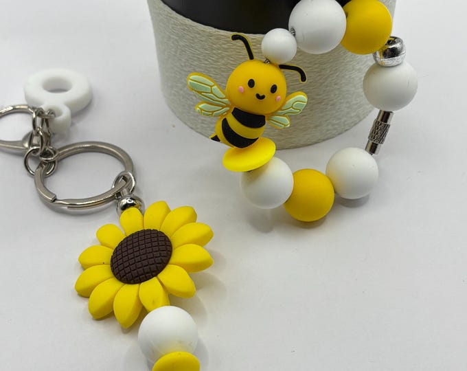 Bumblebee and Sunflower Tumbler Handle  | Straw Charm  | Keychain | Key Fob | Tumbler Accessories