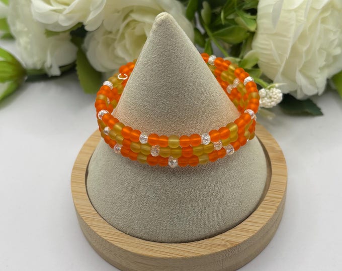 Golden Yellow and Tangerine Seaglass  Memory Wire Bracelet | Seaglass Jewelry | Beach Glass Bracelet | 4mm Rounds |  Austrian Crystals