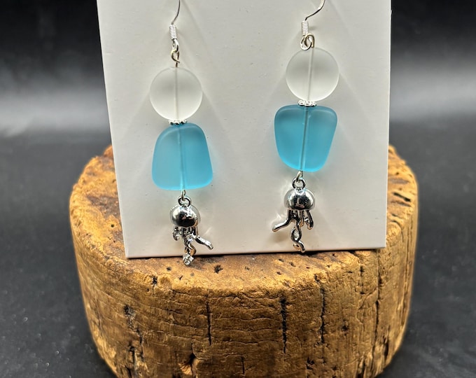 Jellyfish and Seaglass Earrings | Seaglass | Beach Glass Earrings on Sterling Silver