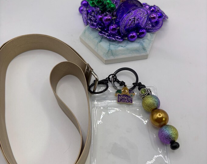 Gold Faux Leather Beaded Lanyard | Mardi Gras Theme | Mardi Gras Beads and Charm | Cruise Lanyard | Badge Sleeve
