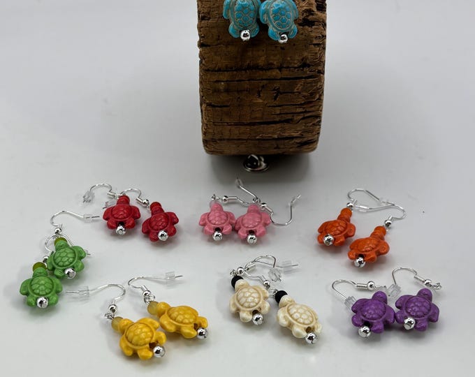 Turquoise Howlite Turtles on Sterling Silver Earrings  |  Turquoise Earrings | Turtle Earrings | Seaglass Accent Bead