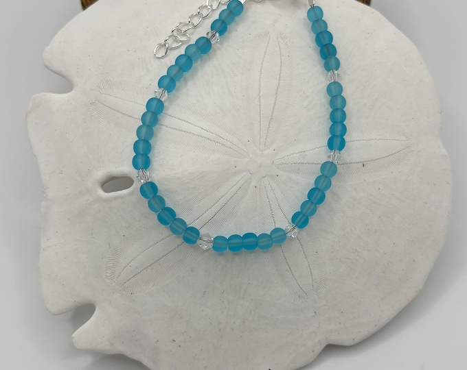 Turquoise Blue Seaglass Bracelet | Blue Seaglass | Seaglass Bracelet | 4mm beads  with Swarovski  Crystals