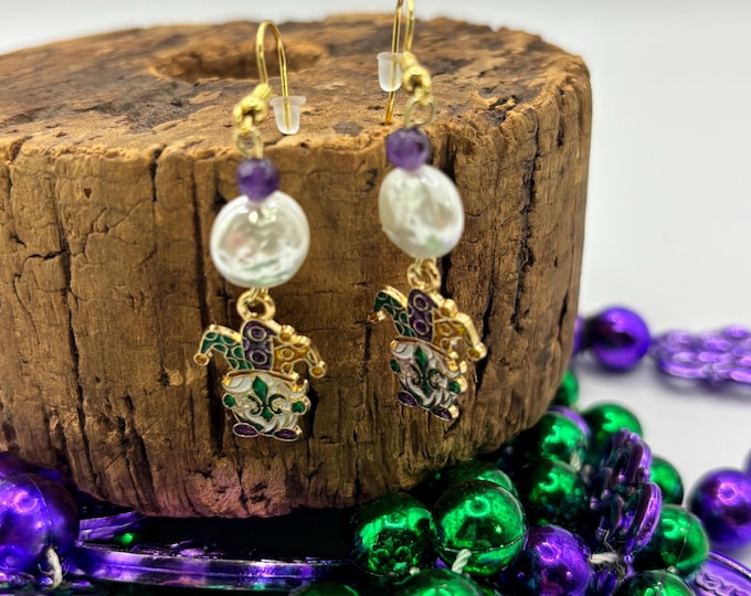 Mardi Gras | New Orleans | Mardi Gras earrings  | Freshwater Pearl accents