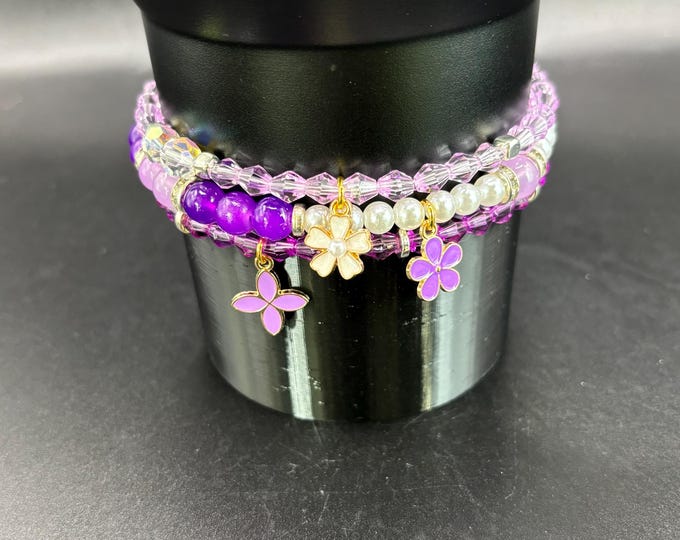 Purple Girly Stanley Cup Bracelet | Tumbler Bracelet | Tumbler Charm Bracelet |  | Stretchy Cup Bracelet | Purple Flower Charms