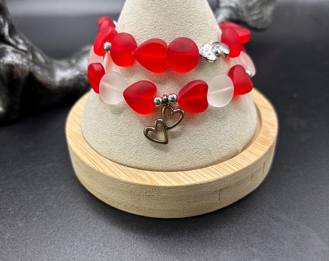 Red Seaglass Heart Bracelet:  Seaglass Jewelry Stretch Bracelet | Heart Beach Glass | Beach Glass