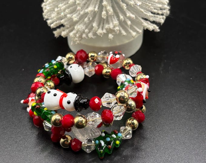 Lampwork Glass Christmas Bracelet:  Holiday  Jewelry |  Multi Strand Bracelet | Memory Wire Bracelet |