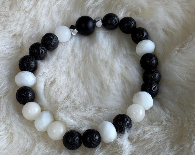 Black Lava and Moonstone Gemstones | Gemstone bracelet | Stretch Bracelet | Morse Code bracelet | Badass