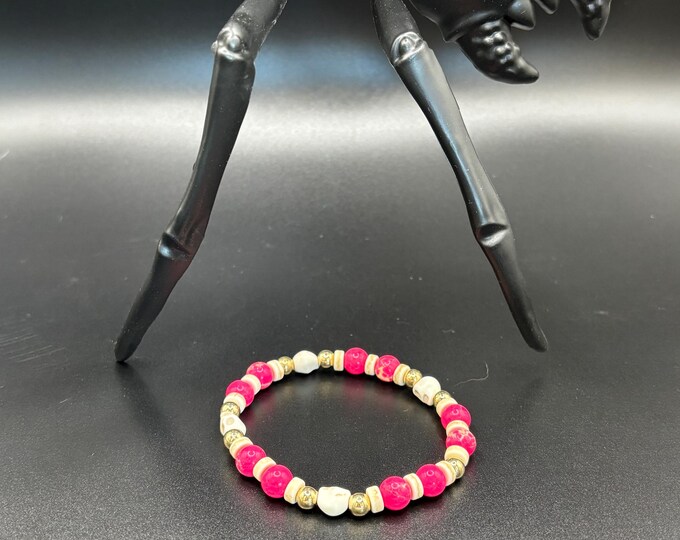Hot Pink Imperial Jasper Gemstones | Halloween Gemstone bracelet | Stretch Bracelet | Skull bracelet | Pinkoween
