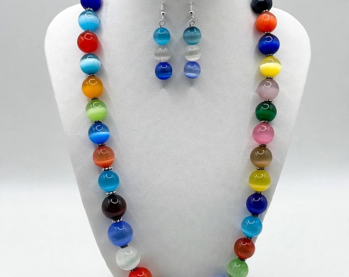 Rainbow Cats Eye Gemstone Necklace | Large Gemstone Necklace | Cats Eye Gemstone Necklace | Statement Necklace | 20 inch