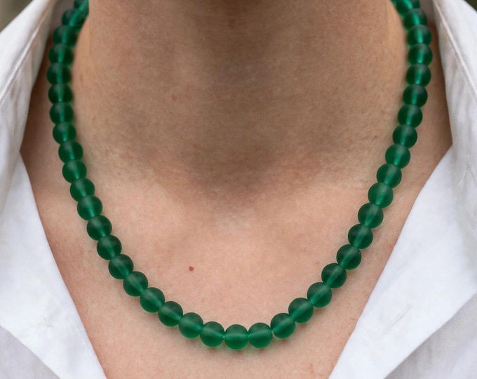 Emerald Green Seaglass Necklace Set | Seaglass Necklace | 10mm Beads | Statement Necklace | Emerald Green Seaglass | Seaglass Earrings Set