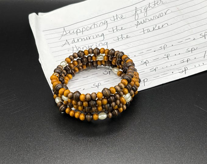 Brown Wooden Beads with Pearls |  Memory Wire  Bracelet | Morse Code bracelet | Supporting the Fighter Quote