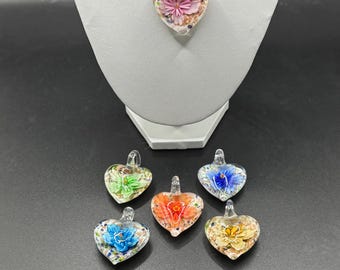 Heart Flower Pendant Necklace | Murano Glass  Inspired Heart  | Glass Heart Pendant | Necklace With Cord | Lampwork Glass Heart