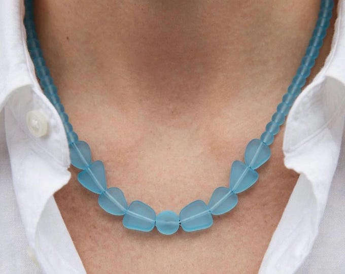 Turquoise Blue Seaglass Necklace | Seaglass Necklace | 6mm Beads with larger Freeform Pieces  | Statement Necklace