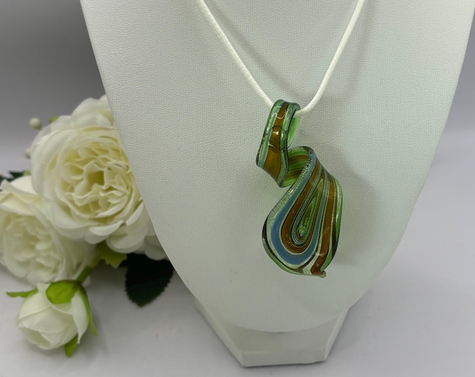 Swirl Murano Inspired Ribbon Pendant Necklace | Lampwork |  Glass Spiral Pendant | Necklace With Cord