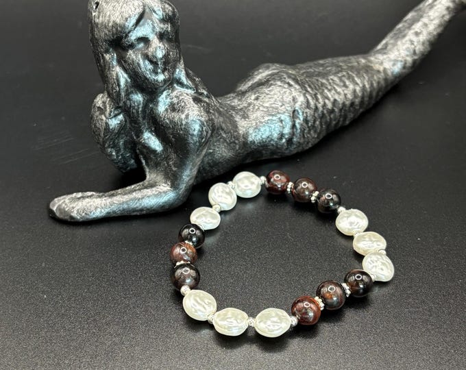 Chocolate Tiger Eye Gemstones | Gemstone bracelet  | Stretch Bracelet | Freshwater Pearl Coins  bracelet