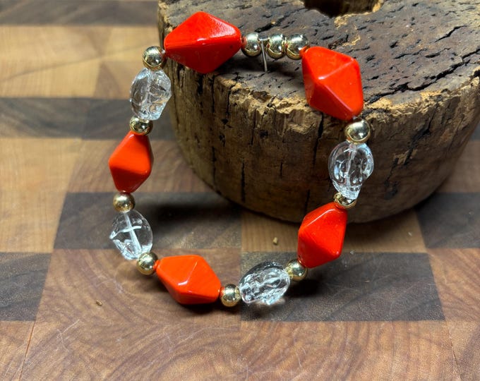 Orange Beads and Crystal Skulls | Halloween Gemstone bracelet | Stretch Bracelet | Skull bracelet |