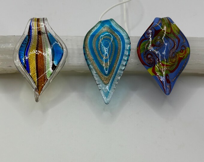 Blue Shades Retro multi color Murano Inspired Pendants  | Glass Leaf Pendant | Murano Glass | Lampwork Pendant | Necklace With Cord