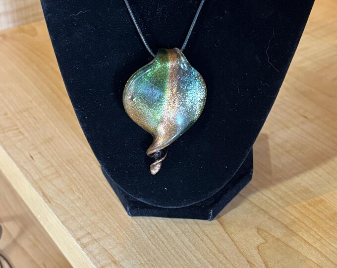 Green teardrop Murano Inspired Pendant Necklace | Glass Leaf Pendant | Gold Sand Accent | Lampwork Pendant | Necklace With Cord