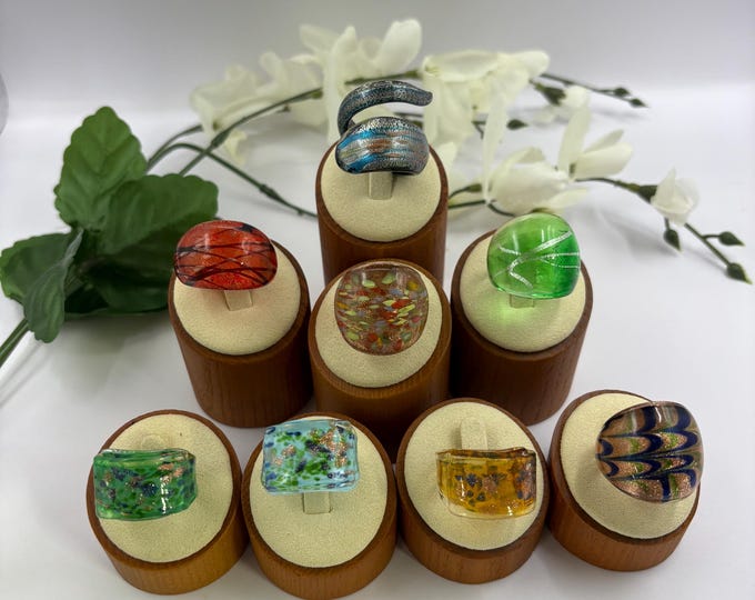 Size 9 1/2 Lampwork Glass Rings | Blue Millefiori Design Glass Ring | Statement Ring | Millefiori |