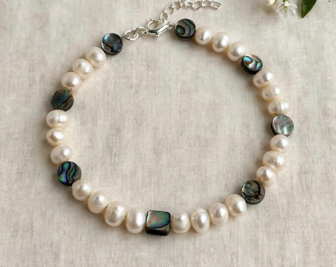Abalone and Freshwater Pearls Anklet |  Ankle Bracelet  | Freshwater Pearl Anklet | Rice Pearls | 9 1/2 inch plus extender | Paua Shell