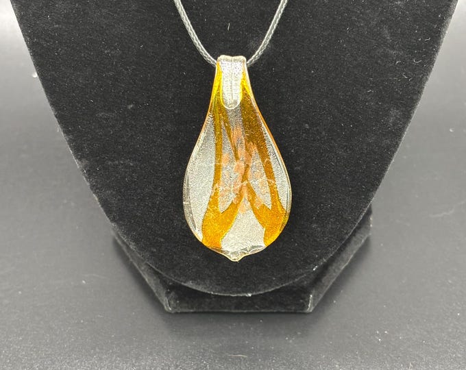 Golden Yellow  Murano Inspired Pendant Necklace  | Glass Leaf Pendant |  Silver  Accent | Lampwork Pendant | Necklace With Cord