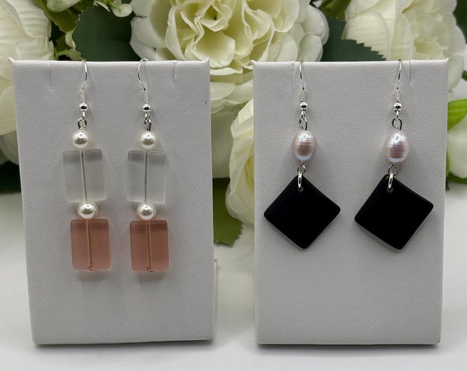 Black Seaglass Earrings | Pirate Seaglass | Pink and White Beach Glass earrings | Fresh Water Pearl | Earrings on Sterling Silver