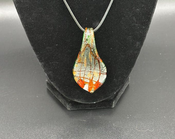 Green Leaf Murano Inspired Pendant Necklace | Glass Leaf Pendant | Copper Sand Accent | Lampwork Pendant | Necklace With Cord