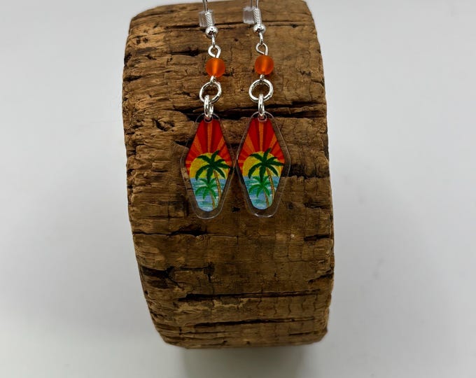 Beach Theme Palm Tree Earrings  | Sterling Silver  Ear Wires |  Tropical Earrings | Seaglass Accent