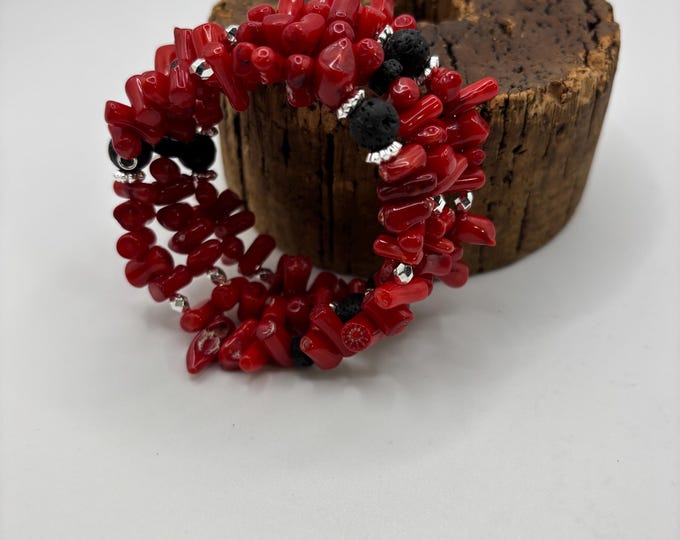 Red Coral and Black Lava Bracelet  | Memory wire bracelet | Multistrand bracelet | Coral gemstones | Lava Rock  | Diffuser