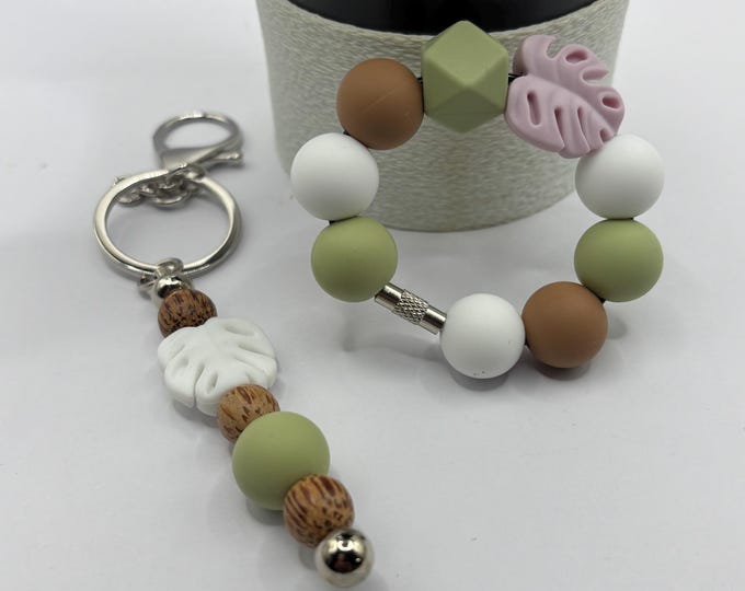 Purple and White Monstera Leaf Tropical Stanley Cup Bracelet:  Cup Handle Bracelet | Straw Charm with Palm Wood Beads | Vacation |