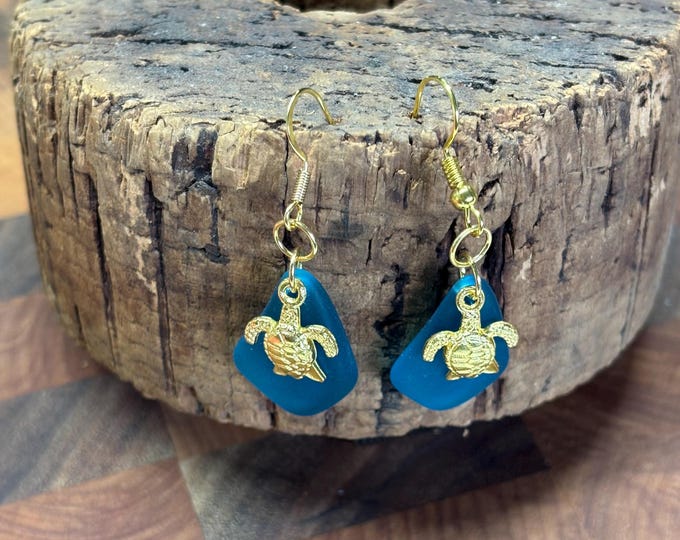 Blue Seaglass Earrings | Blue Seaglass | Seaglass Earrings with Charm | Turtle Charm