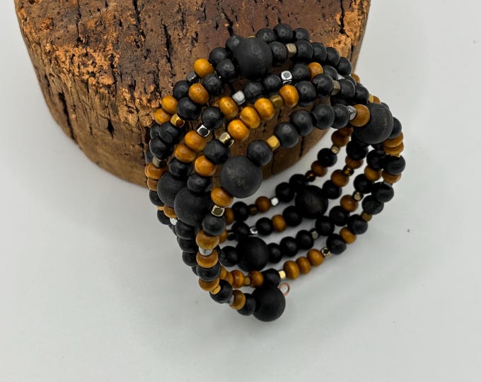 Black and Brown Wooden Beads | Memory Wire Bracelet | Multi-Strand Bracelet |