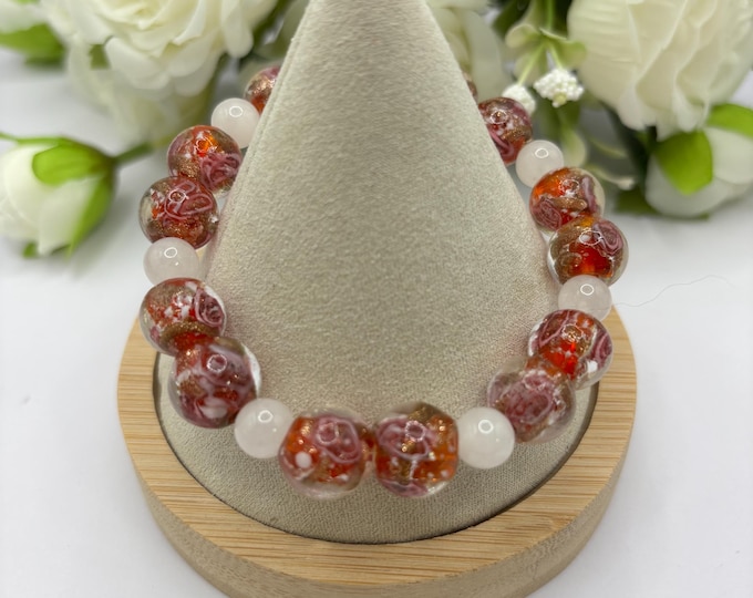 Red Murano Inspired Lampwork Glass  Bracelet:  Jewelry Stretch Bracelet | Moonstone Gemstones |