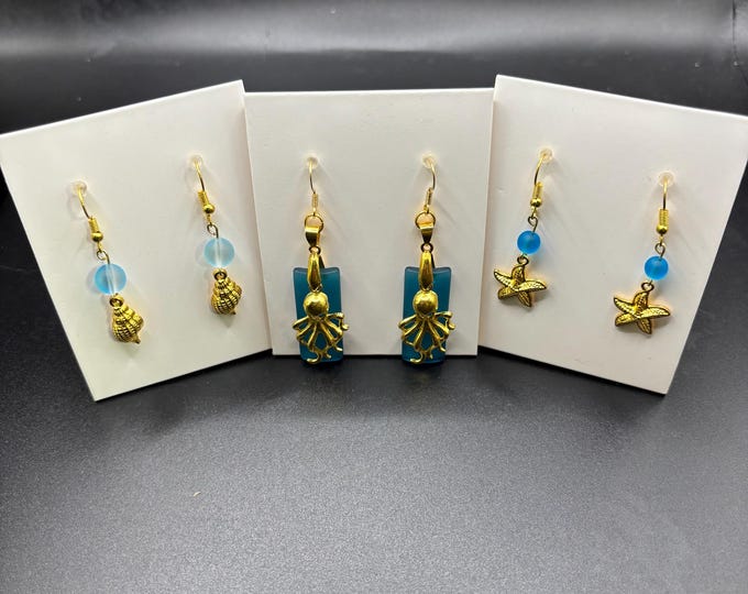 Seaglass Earrings | Green Seaglass | Blue Seaglass Earrings with Charm |