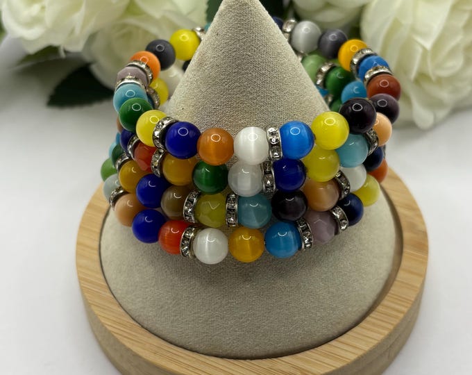 Cats Eye gemstone bracelet | Memory wire bracelet | Multistrand bracelet | Colorful Cats Eye