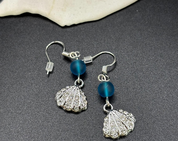 Silver and Crystal Shell  and Seaglass Earrings | Seaglass | Beach Glass Earrings on Sterling Silver